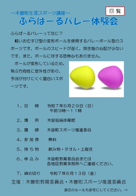 スポーツ講座(ふらばーるバレー)の開催について