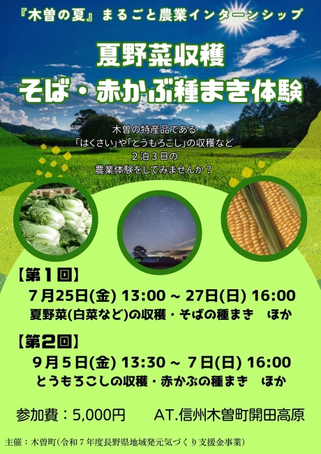 『木曽の夏』まるごと農業インターンシップ　夏野菜収穫・種まき体験